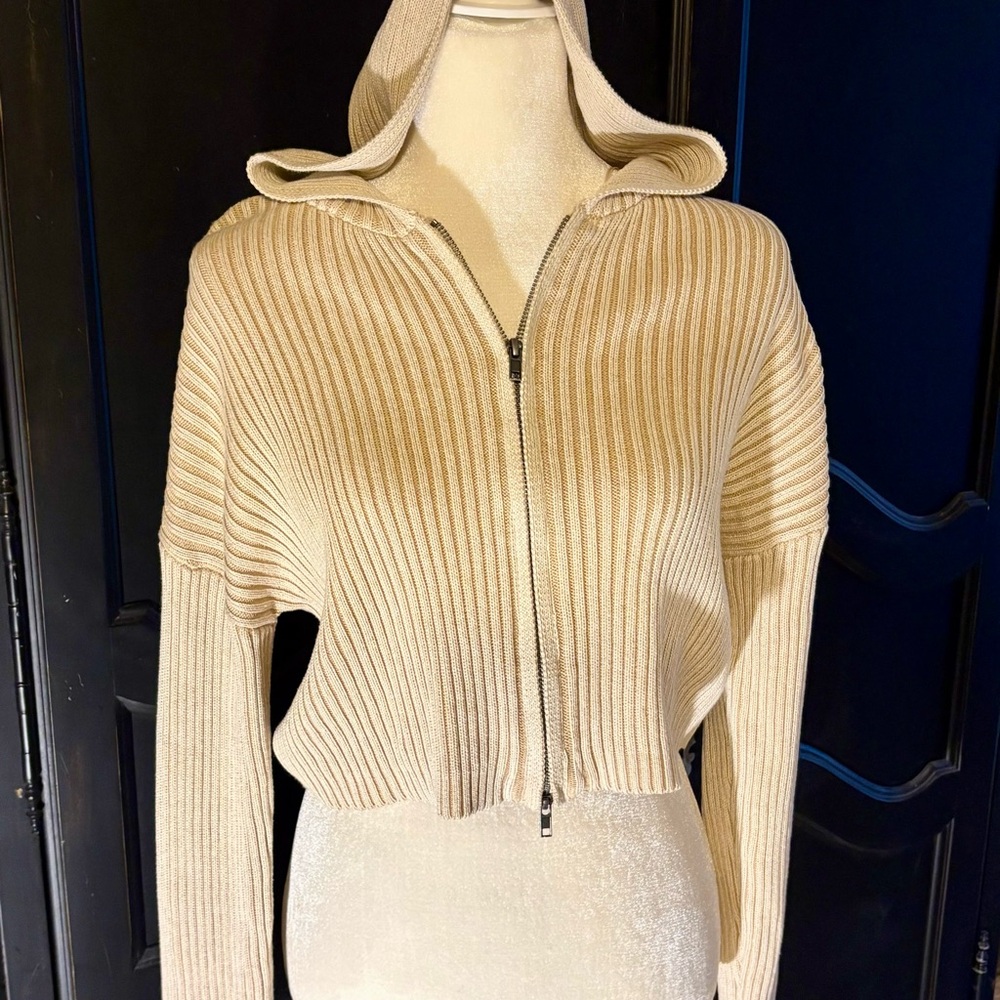 Pink Rose Beige Ribbed Hooded Cardigan